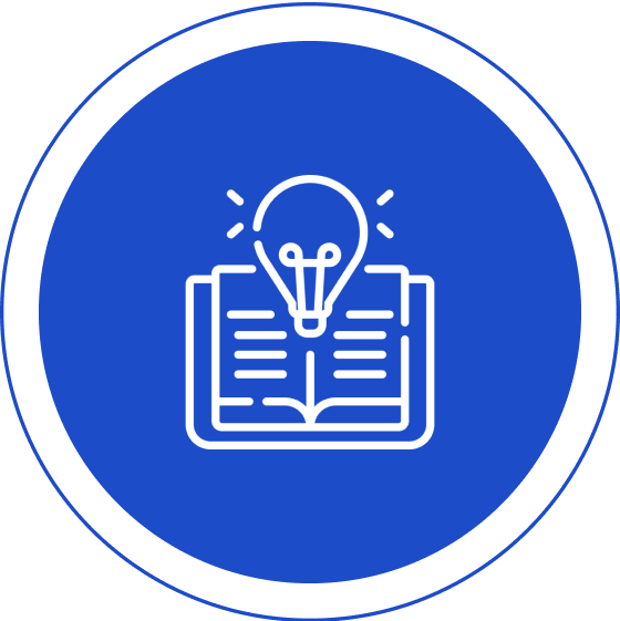 An icon of an open book with a lightbulb above it, symbolizing learning or an idea, inside a blue circle.