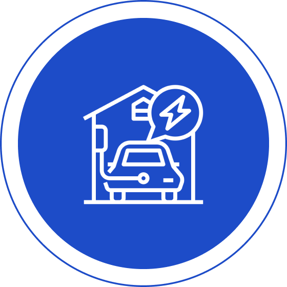 Icon of an electric car charging at a home charging station, with a bolt symbol above, all in a blue circle.