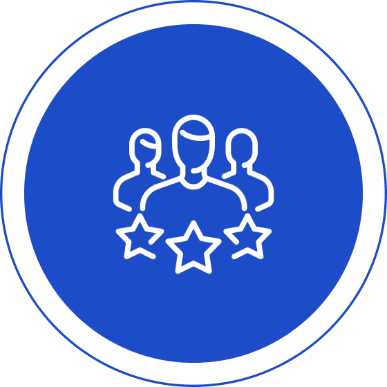 Icon with three stylized people and three stars in front, on a blue circular background.